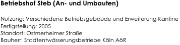 Betriebshof Steb (An- und Umbauten)

Nutzung: Verschiedene Betriebsgebäude und Erweiterung Kantine  
Fertigstellung: 2005                                                                                            
Standort: Ostmerheimer Straße                                  
Bauherr: Stadtentwässerungsbetriebe Köln AöR                                                                